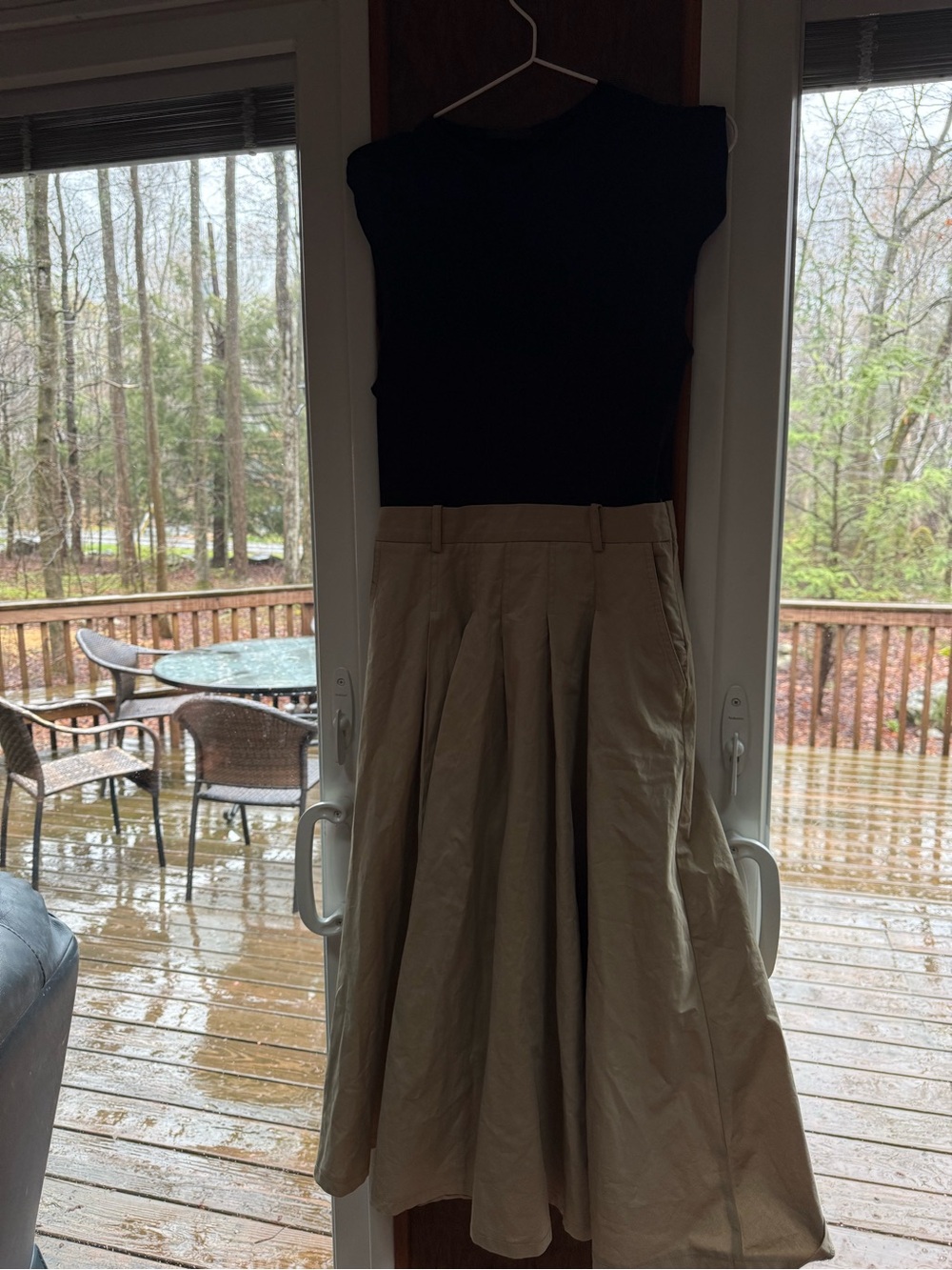 Zara Black Top with Khaki A-Line Pleated Skirt